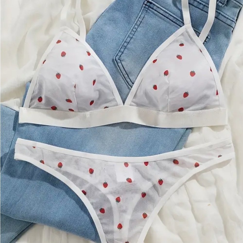 Cherry Print White Bralette Set